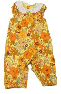 Žluto-oranžový květovaný plátěný kalhotový overal s límečkem Next