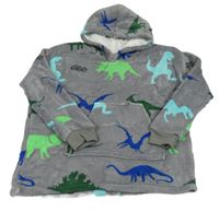 Šedá zateplená plyšová oversize domácí mikina s dinosaury a kapucí 