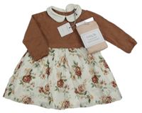 Nové - 2 set - Hnědo-bílé květované šaty + světlerůžové punčocháče Tu