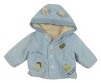 Světlemodrá zateplená manšestrová bunda s obrázky a kapucí 