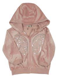 Světlerůžová sametová propínací mikina s motýlkem z flitrů a kapucí Peacocks