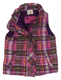 Fialovo-růžovo-zelená kostkovaná šusťáková zateplená vesta s koníkem Topolino