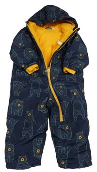 Tmavomodrá šusťáková zimní kombinéza s medvídky a kapucí Lupilu