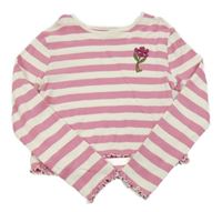 Růžovo-bílé pruhované žebrované crop triko s květem Monsoon