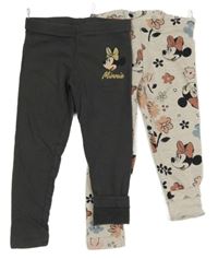 2Set - 2x zateplené legíny s Minnie - antracitové + béžové květované C&A