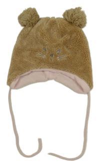 Béžová plyšová čepice s čumákem a bambulemi Ergee