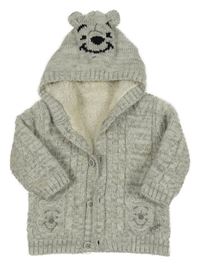 Světlešedo-bílý melírovaný propínací zateplený svetr s kapucí - Medvídek Pú George
