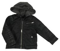 Černo-tmavošedá koženková bunda s teplákovou kapucí