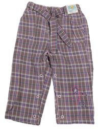 Nové - Šedo-růžovo-fialové kostkované podšité kalhoty s květem