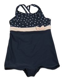 Tmavomodro-bílo-růžové jednodílné plavky s puntíky a mašlí Topolino
