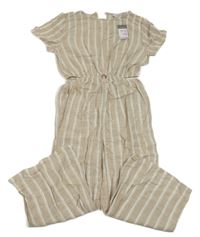 Nové - Béžovo-bílý pruhovaný lněný culottes overal s průstřihy Primark