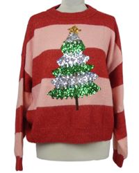 Nové - Dámský červeno-růžový pruhovaný svetr se stromkem z flitrů 