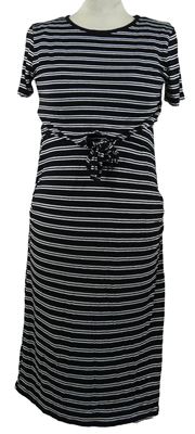 Dámské černo-bílé pruhované midi šaty s uzlem