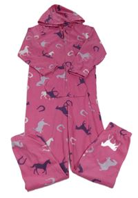 Růžová fleecová kombinéza s koníky a kapucí 