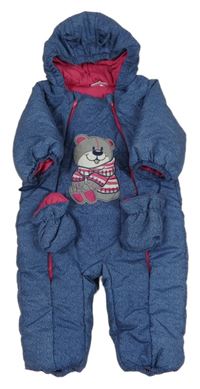 Modro-bílá šusťáková zimní kombinéza s medvědem a kapucí+ rukavice Ergee