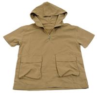 Hnědá šusťáková vesta s kapsami a kapucí 