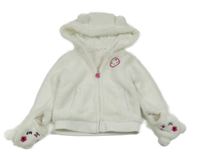 Bílá chlupatá propínací mikina s nášivkou a kapucí