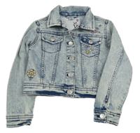 Modrá melírovaná riflová crop bunda s motýlky a kytičkami Dopodopo