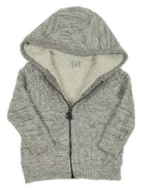 Šedý melírovaný zateplený propínací svetr s kapucí Tu