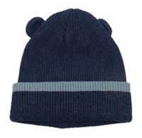 Tmavomodrá pletená čepice s modrým proužkem a oušky