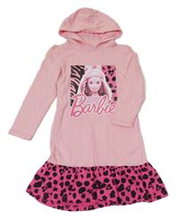 Růžové teplákové šaty s Barbie a kapucí 