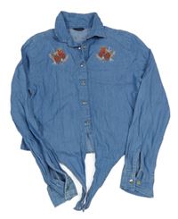 Modrá riflová crop halenka s růžemi a uzlem 