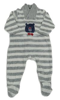 Bílo-šedý pruhovaný sametový overal s medvídkem Obaibi