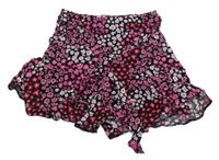 Černo-růžová kytičkovaná sukně se všitými kraťasy a mašlí Kylie 