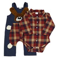 2Set - Tmavomodré riflové laclové kalhoty s pejskem + vínovo/béžovo/tmavomodré kostkované košilové body 