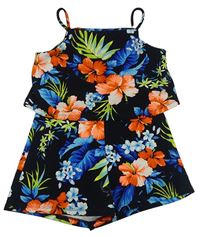 Černý vzorovaný letní overal s květy a lístečky RIVER ISLAND