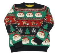 Tmavozeleno/červeno-černý pletený vánoční svetr se Santy a soby George