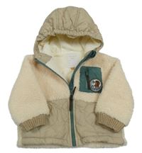 Smetanovo-světlebéžová huňato/šusťáková podšitá bunda s pejskem a kapucí MANOR