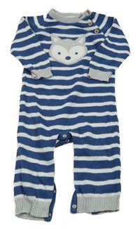 Tmavomodro-bílo-šedý pruhovaný pletený overal s liškou KITE