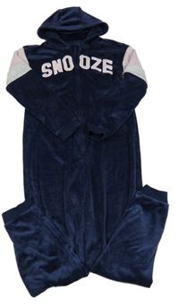 Tmavomodro-světlerůžovo/šedá plyšová kombinéza s nápisem a kapucí George