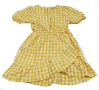 Okrovo-bílé kostkované šaty s volánkem a mašlí PRIMARK