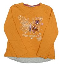 Oranžovo-světlešedé triko s motýlkem a flitry Kids