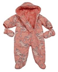 Růžová šusťáková zimní kombinéza s jednorožci a kapucí + rukavice Next