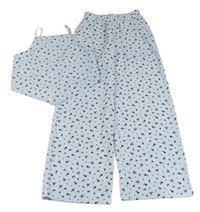2set - Světlemodré květované lehké wide leg kalhoty + asymetrický crop top H&M