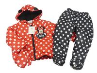 Nové - 3set - Červená puntíkatá šusťáková zimní bunda s Minnie a kapucí + rukavice + černé puntíkaté šusťákové oteplovačky Disney