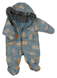 Zelenošedá šusťáková zimníá kombinéza se zvířaty a kapucí Nutmeg