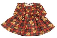 Vínovo-černo-zelené kostkované šaty s medvědy a volánky Shein