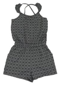 Tmavošedý vzorovaný bavlněný kraťasový overal s volánky Yigga