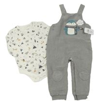 2 set - Šedé manšestrové laclové podšité kalhoty s tučňákem + bílé body se zvířaty George