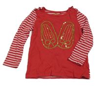 Červené triko s pruhovanými rukávy a obrázkem z flitrů Tu