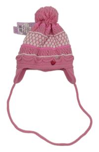 Nové - Růžovo-bílá vzorovaná vlněná čepice s bambulí 