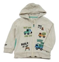 Světlebéžová melírovaná propínací mikina s auty a bagry a kapucí Nutmeg