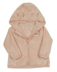 Světlerůžová plyšová propínací mikina s medvědem a kapucí 