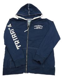 Tmavomodrá propínací mikina s nápisem a kapucí 