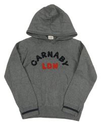 Šedý lehký svetr s nápisem a kapucí 