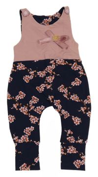 Růžovo-tmavomodré květované laclové tepláky 